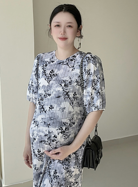 孕妇裙宽松遮肉显瘦连衣裙法式田园风清新甜美印花中长褶皱连衣裙