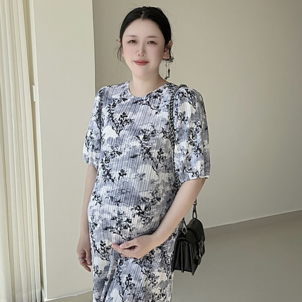 孕妇裙宽松遮肉显瘦连衣裙法式田园风清新甜美印花中长褶皱连衣裙