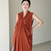 孕妇气质名媛高级感长裙V领无袖 收腰连衣裙显瘦不规则级港风长裙