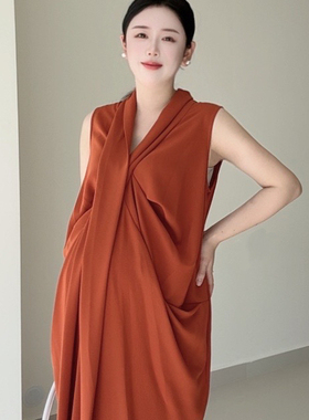 孕妇气质名媛高级感长裙V领无袖收腰连衣裙显瘦不规则级港风长裙