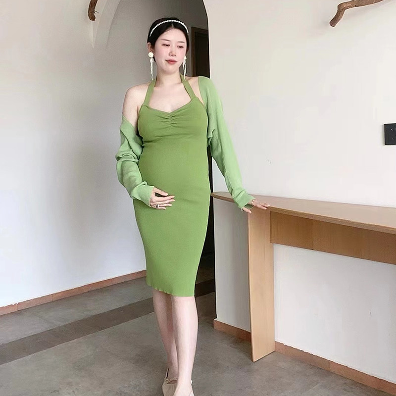 孕妇夏季港味复古气质中长挂脖连衣裙防晒坎肩露背修身背心裙套装