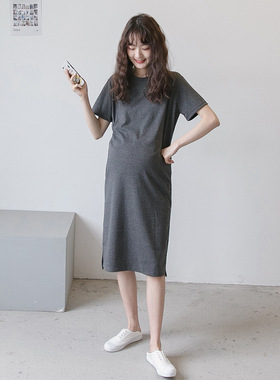 孕妇装夏装T恤纯棉宽松短袖气质休闲光板T恤裙潮上衣中长款连衣裙