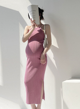 孕妇装夏季复古辣妈风包臀长裙系脖削肩修身显瘦气质针织连衣裙