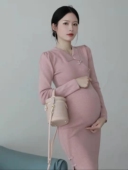 孕妇装 针织连衣裙潮妈 国风复古盘扣旗袍翻领套头包臀长袖 秋季 新款
