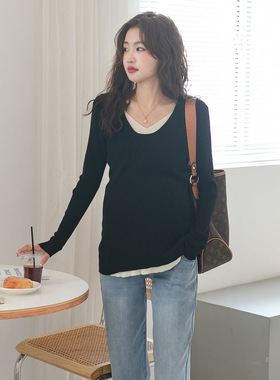 孕妇打底衫秋季宽松假两件V领针织衫中长款弹力显瘦上衣内搭毛衣