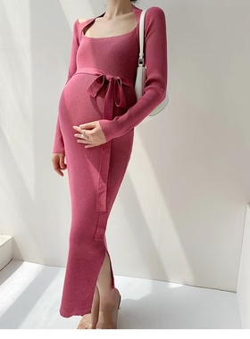 孕妇装黑色一字肩气质修身性感针织连衣裙长款包臀收腰绑带长裙女