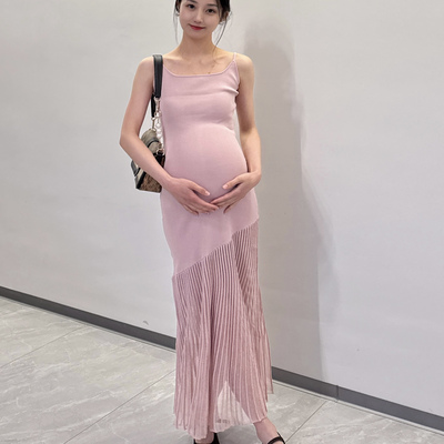 孕妇拼接鱼尾裙方领吊带裙
