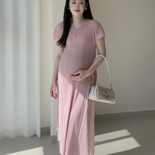 孕妇褶皱显瘦收腰长裙褶皱连衣裙
