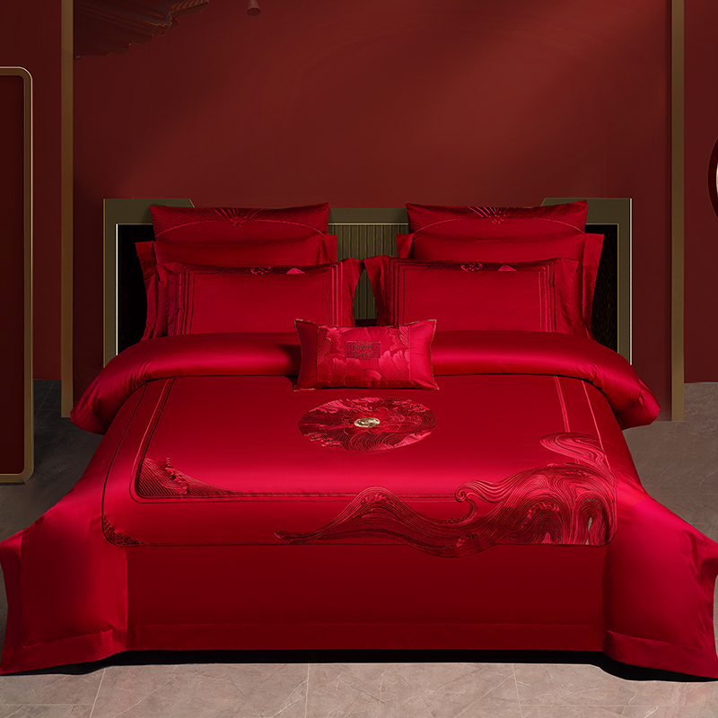 140支全棉大红刺绣婚庆四六件套