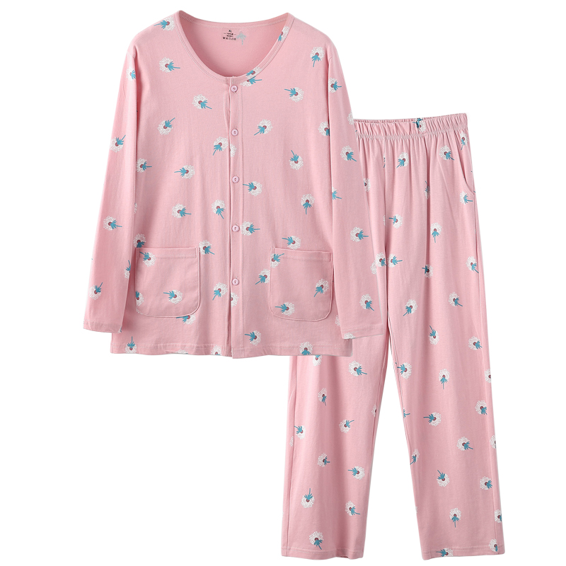 睡衣女春秋纯棉大码长袖长裤套装中老年全棉夏季开衫系扣家居服