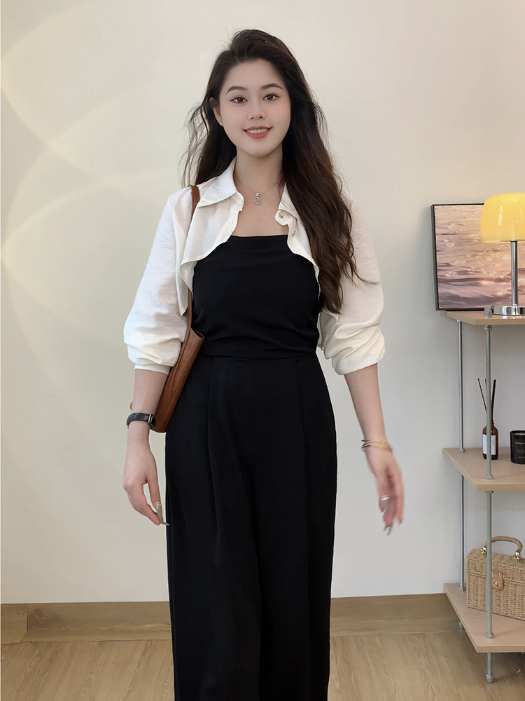 2024夏季法式小众清新衬衫开衫女吊带连体裤外穿别致修身显瘦套装