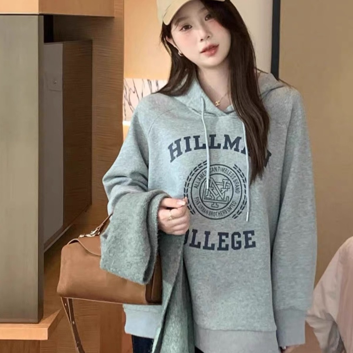 休闲连帽印花卫衣外套女2024春秋季新款加绒加厚学生慵懒风上衣服