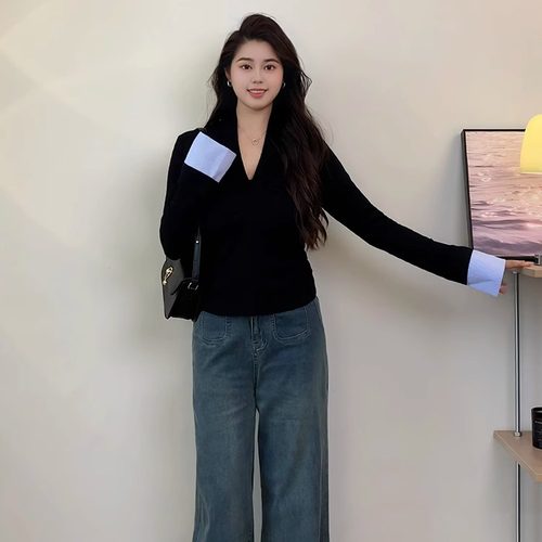 2024秋冬新款拼接扭结V领上衣长袖t恤大衣风衣外套牛仔裤套装女