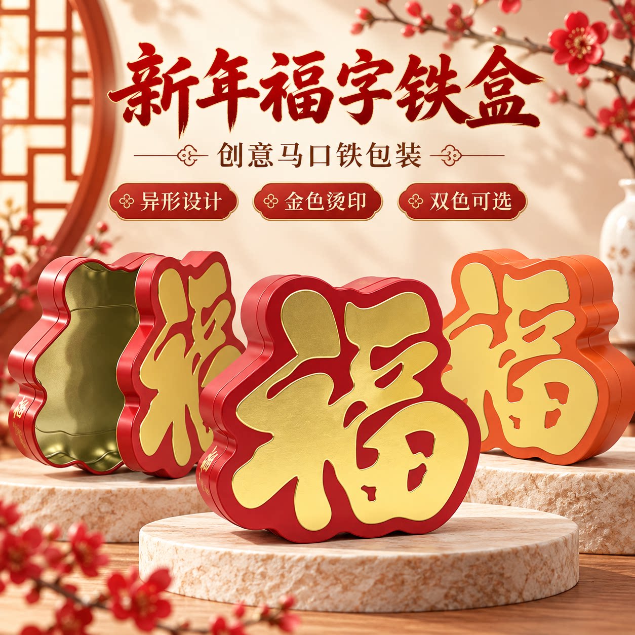 现货新年福字铁盒春节礼品包装盒创意糖果盒年货礼盒喜庆收纳盒