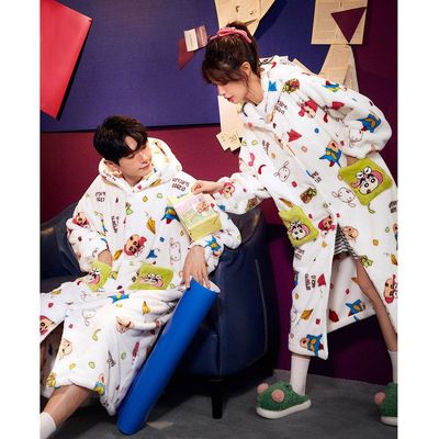 宫蝶【蓄热型】蜡笔小新情侣睡衣女秋冬加绒珊瑚绒睡袍家居服男款