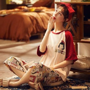 甜美可外穿家居服套装 宫蝶7A抑菌睡衣女夏季 套装 纯棉薄款 卡通短袖