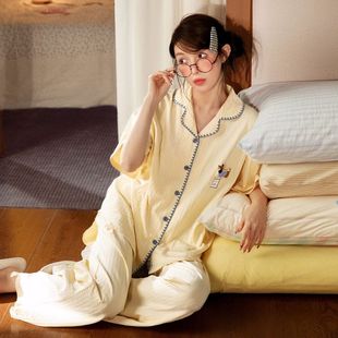 凉感型 睡衣女纯棉短袖 宫蝶 腊肠狗夏季 长裤 休闲简约家居服套装