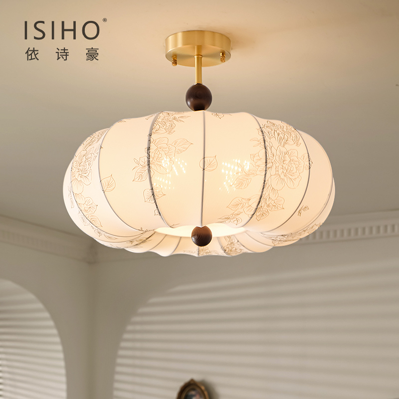 法式中古卧室灯高级感全铜实木房间氛围吊灯全光谱护眼布罩灯具