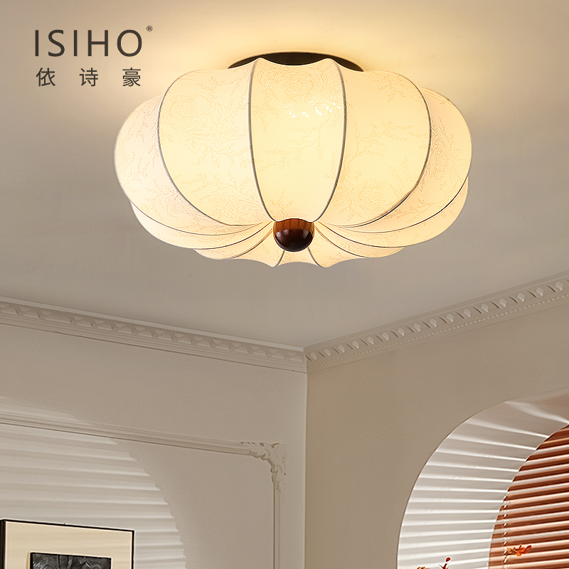 蚕丝复古印花布艺吸顶灯