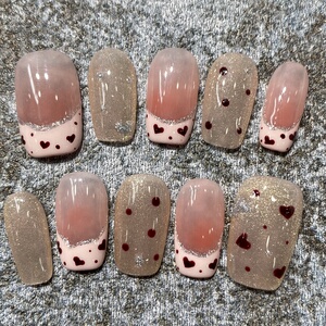 【甜蜜约定】心动法式纯手工穿戴甲手绘美甲成品可拆卸假指甲贴片