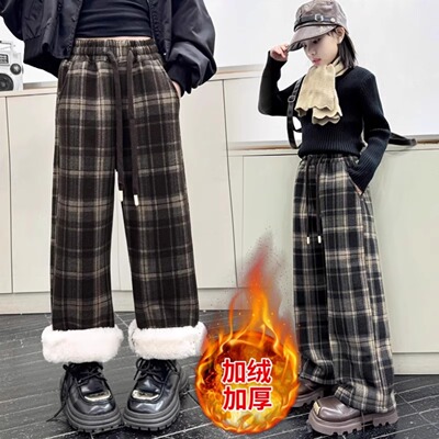 女童裤子加绒秋冬2025新款儿童洋气女孩冬季加厚羊羔绒保暖格子裤