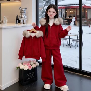 女童冬季加绒套装2026新款儿童加厚洋气女孩红色外套裤子两件套潮