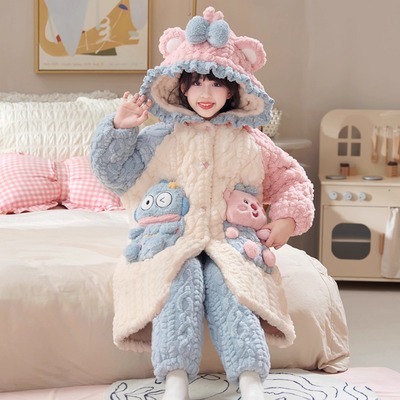 女童冬季款睡衣儿童睡袍三层夹棉加厚款珊瑚绒女孩家居服2025新款