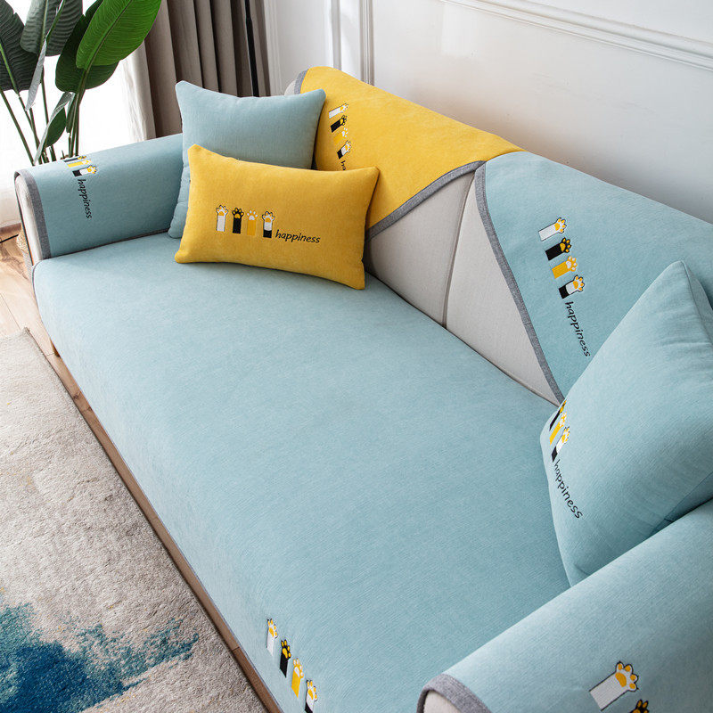 四季通用雪尼尔卡通绣花沙发垫 现代简约防滑双人沙发坐垫巾套罩