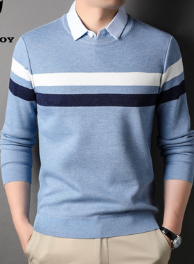 花花公子假两件毛衣男套头宽松条纹针织衫秋冬款内外搭羊毛打底衫