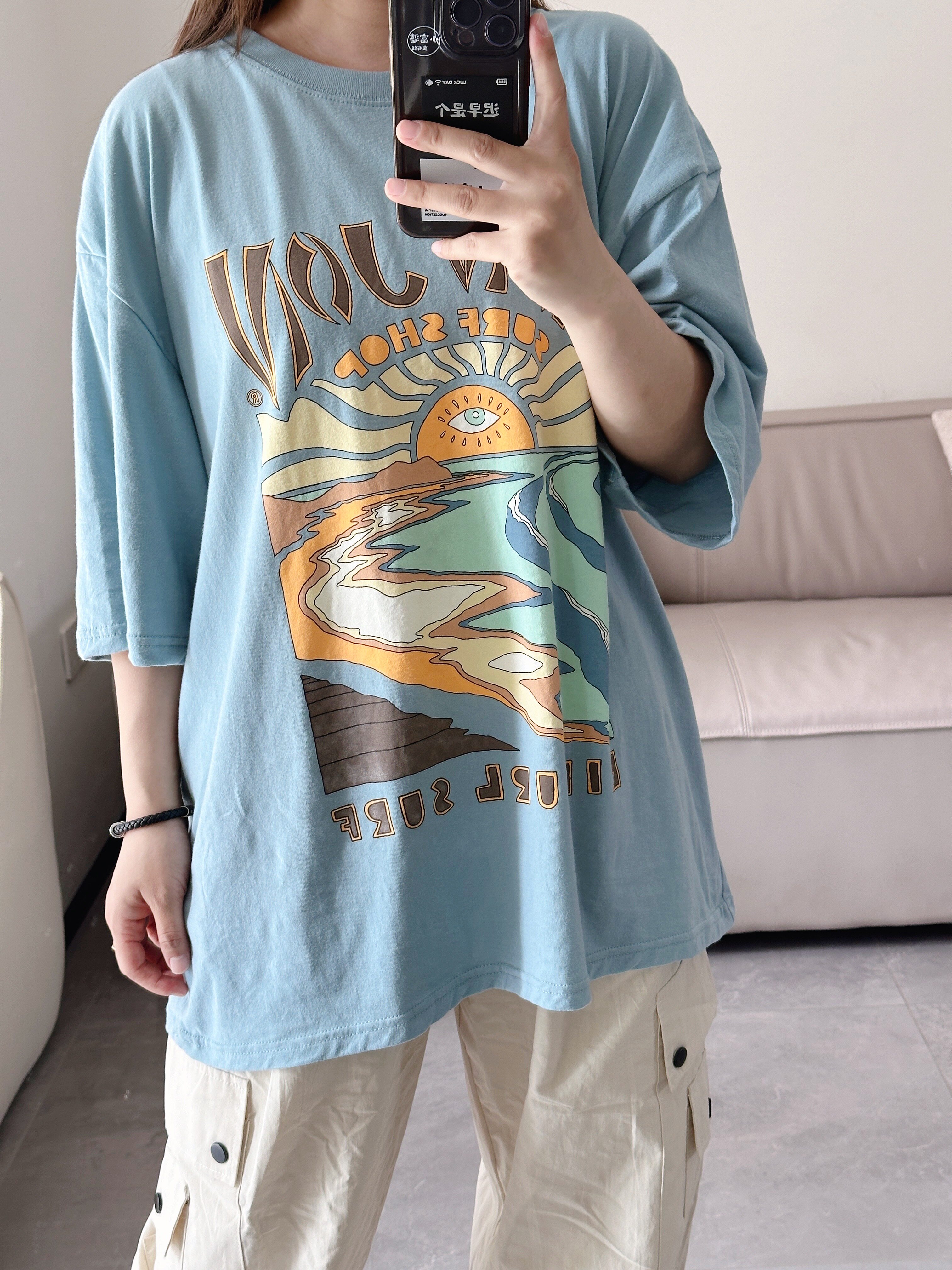 两件包邮 女装滑板陆地冲浪全棉水洗宽版T恤 情侣日潮短袖