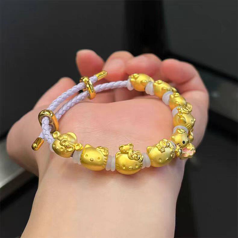 999足金凯蒂猫转运珠黄金HelloKitty卡通可爱KT猫宝宝3D硬金手链