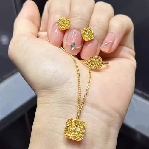 足金999时尚爆闪拉丝小方糖戒指黄金方糖项链吊坠耳钉送女友礼物