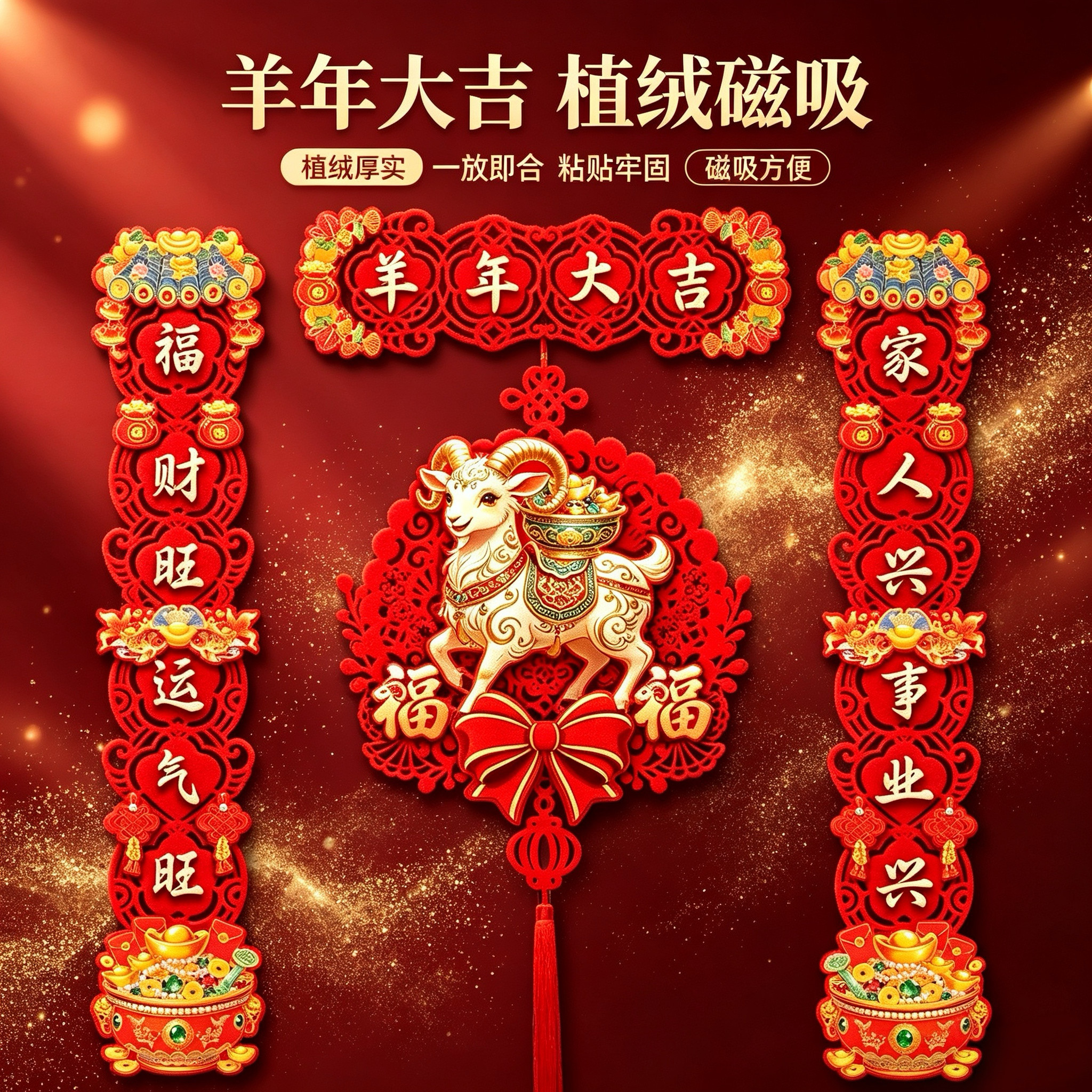 2027羊年春节磁吸对联植绒立体新年大门装饰过年春联门贴