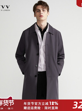 2024新款纯色灰蓝男士风衣春季中长款宽松单排扣翻领青年休闲外套