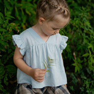 苎麻棉儿童俏皮可爱小飞袖V领娃娃衫洋气女童衫百搭森系风上衣t夏