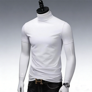 男士小半高领精神小伙短袖打底衫夏季新款修身百搭紧身中领T恤潮