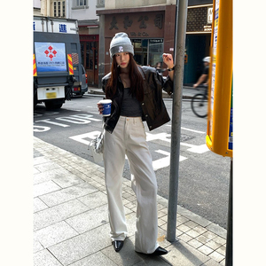 #020320~「人生白牛」S韩版宽松显瘦纯色休闲长裤女士直筒牛仔裤