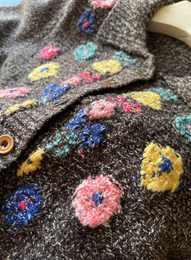 011309~「包邮复古棕色调」花朵提花设计女士套头毛衣/翻领开衫