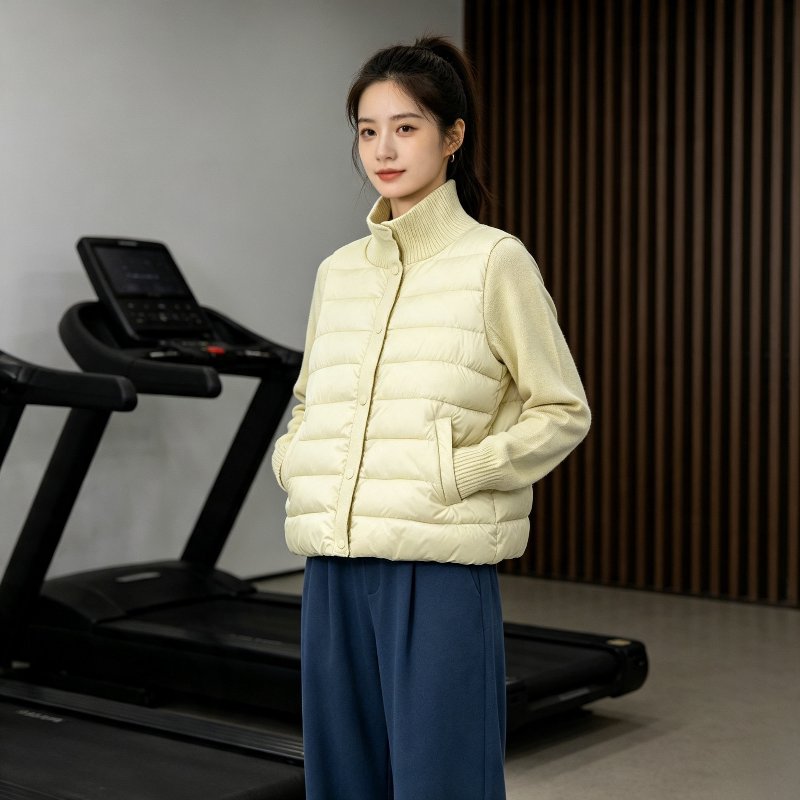 奶黄色温柔风立领针织拼接休闲宽松小个子轻薄款保暖防寒棉服女潮