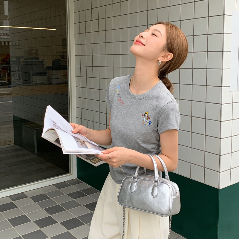 欧货设计感修身显瘦小个子洋气短款正肩短袖T恤女抽褶上衣百搭潮