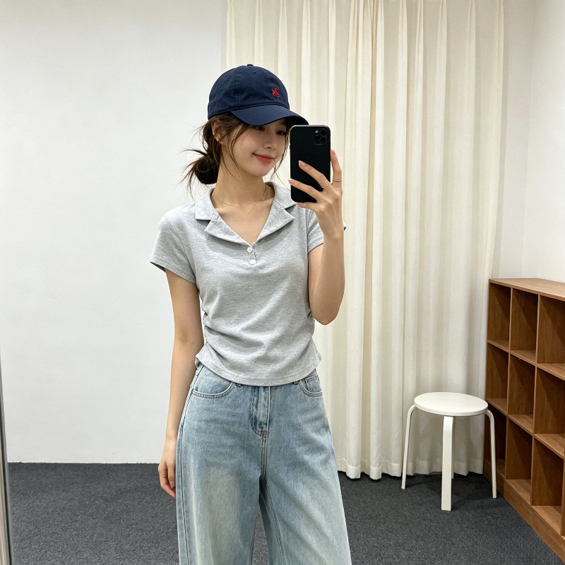 欧货高级灰设计感小众掐腰显瘦短款polo衫翻领短袖T恤女洋气上衣