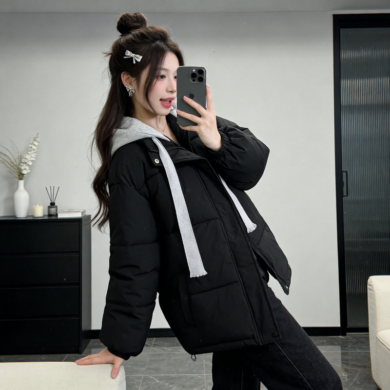 秋冬设计感连帽假两件加厚保暖宽松大码小个子棉服外套女休闲百搭