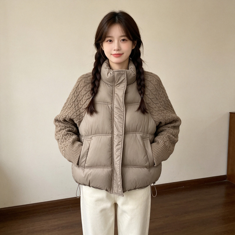 欧货冬季立领针织麻花袖子拼接宽松休闲小个子棉服外套女面包服潮