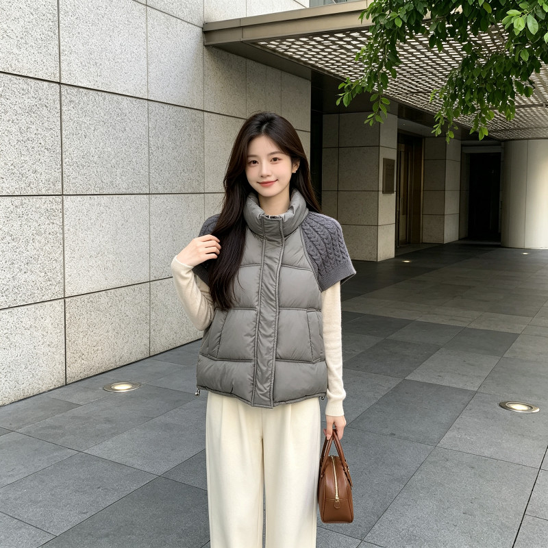 欧货针织短袖设计感立领休闲宽松大码小个子棉服马夹外套女保暖潮