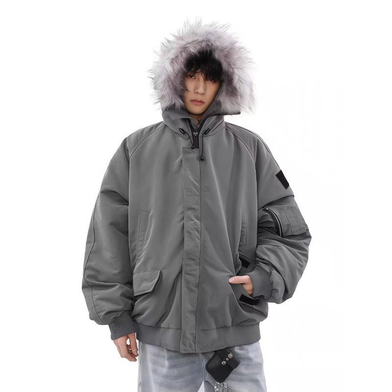 冬季毛领工装港风连帽男女同款加厚保暖防寒棉服外套派克棉袄洋气