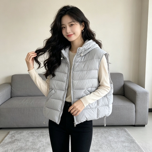 温柔风减龄休闲宽松大码连帽小个子无袖坎肩棉服马夹外套女雾霾蓝