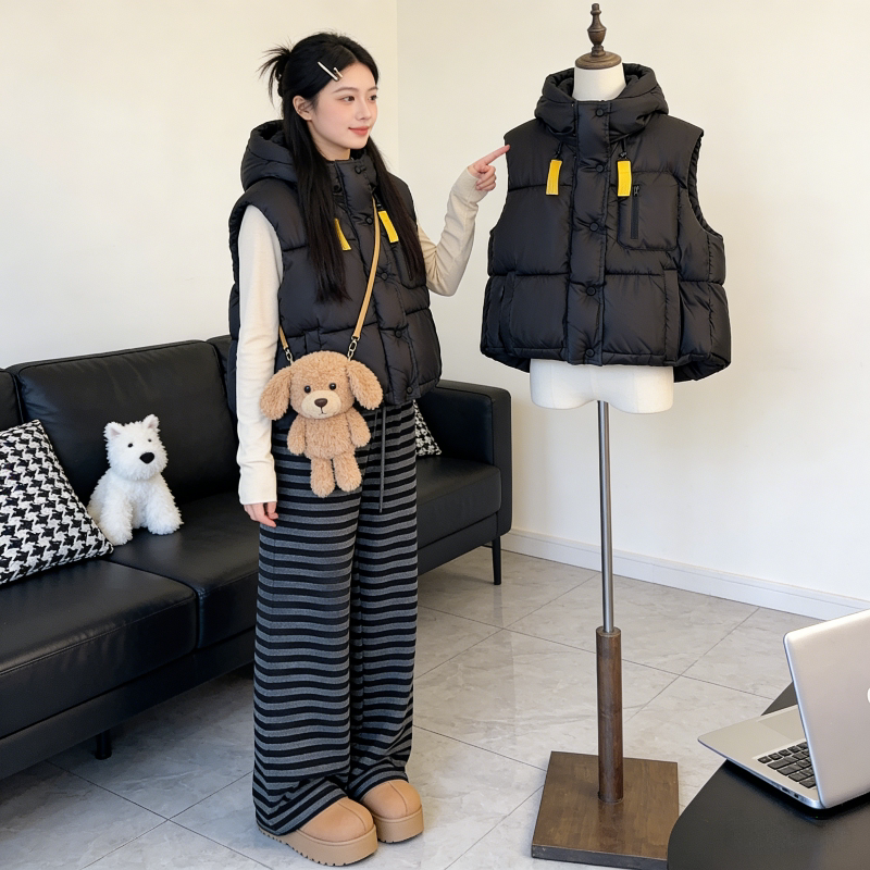 连帽欧货设计感宽松大码小个子无袖坎肩棉服马夹外套女背心马甲潮