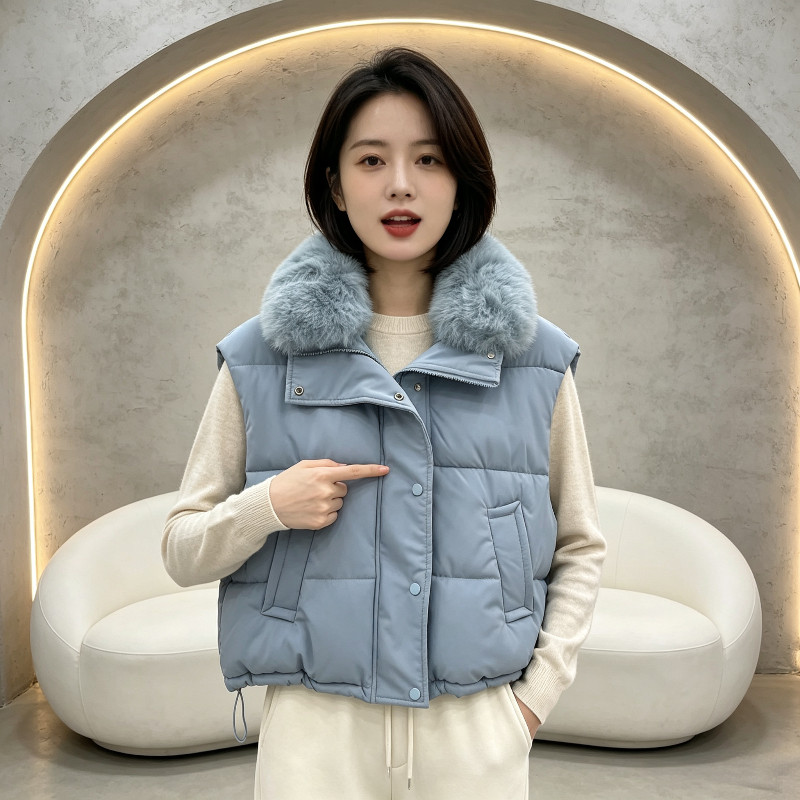 大毛领气质休闲宽松小个子短款洋气减龄百搭无袖棉服马夹外套女潮