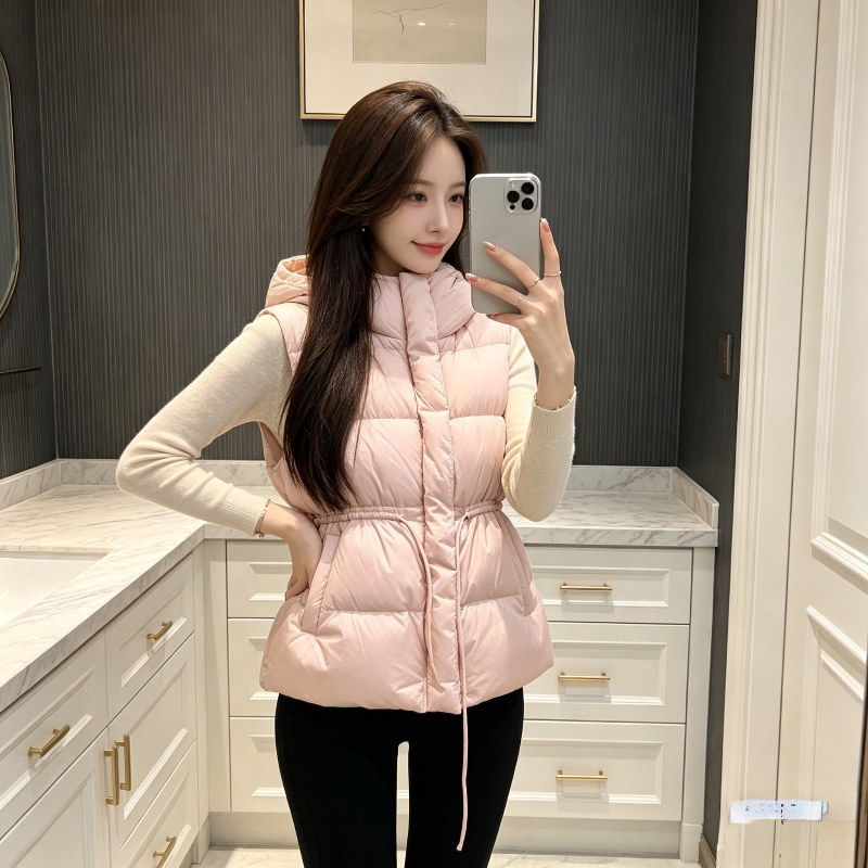 秋冬粉色减龄慵懒风宽松大码小个子加厚保暖连帽棉服马夹外套女潮