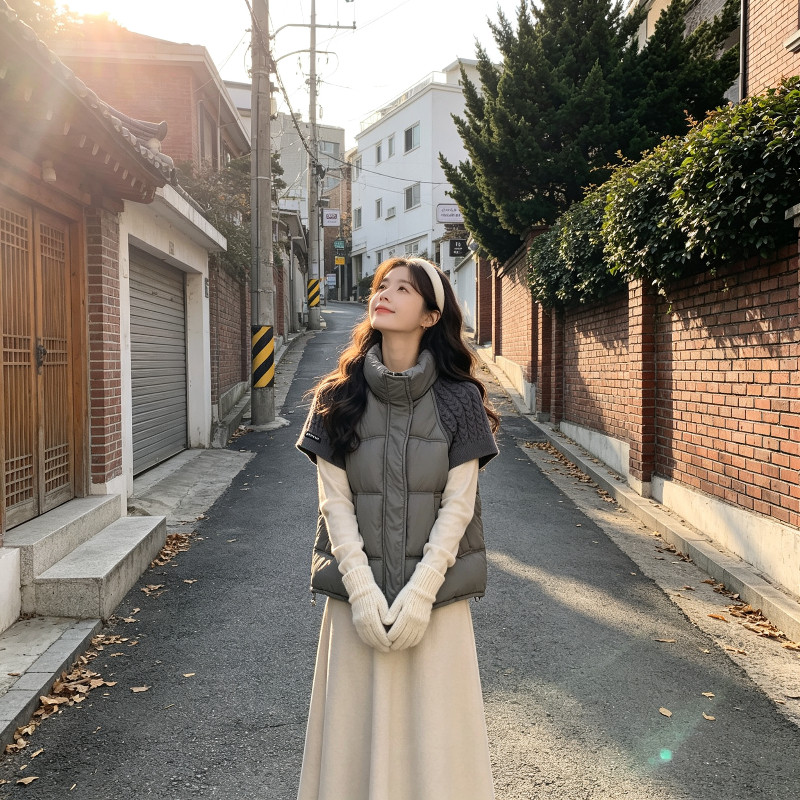 欧货立领针织短袖休闲宽松大码小个子棉服马夹外套女设计感轻奢风